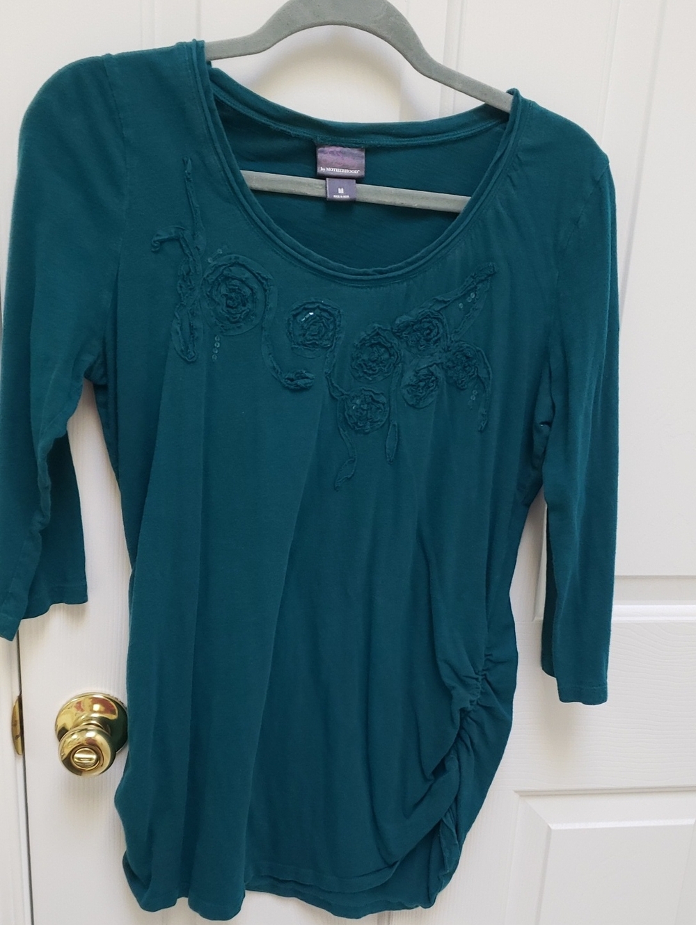 Motherhood Teal Embroidered Scoop-Neck Long Sleeve Tee